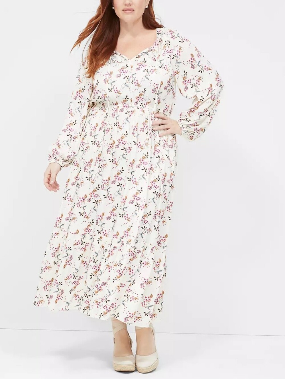 Lane Bryant Nwt Satin Blouson Sleeve Tiered Midi Dress Cream Floral Peasant 22